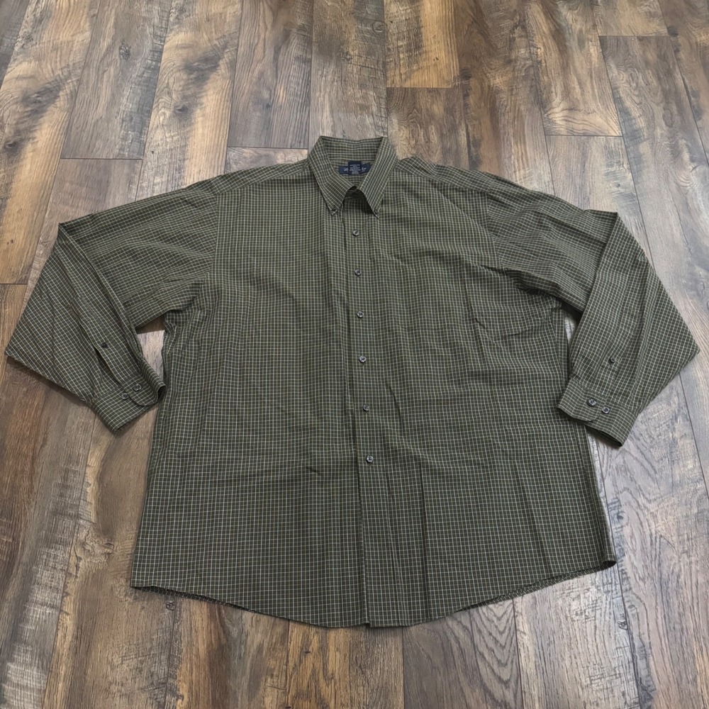 Brooks Brothers Non-Iron Cotton Shirt XL Olive Green Grid Plaid Long Sleeve Mens